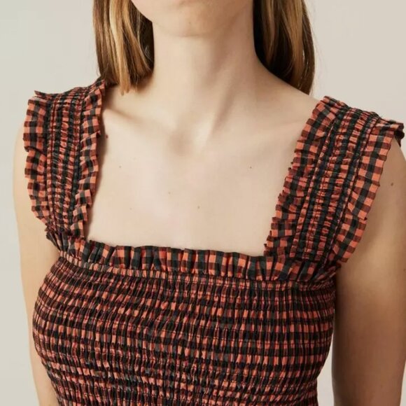 NWOT GANNI Seersucker Check Black/Orange Long Dress L $289 - Picture 10 of 13